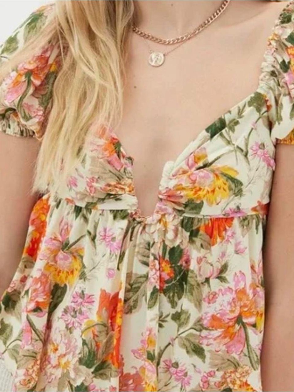 Urban Outfitters Floral V-Neck Babydoll Top in Cream with Pink & Orange Blooms